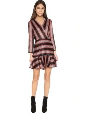 Veronica Beard Silk Mini Dress Size 4 (US 4) Black Red Print Wrap Ruffle Hem